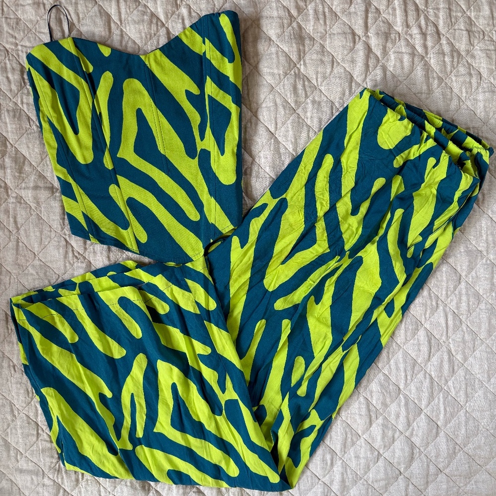 Neon Green & Teal Abstract Print Women’s Two-Piece Set - Picture 2 of 3